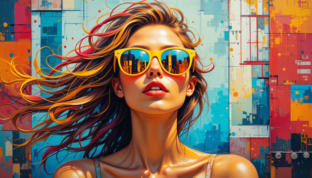 painting of a vibrant woman with sun-kissed skin, wearing bold yellow sunglasses reflecting an abstract outrun-style cityscape 