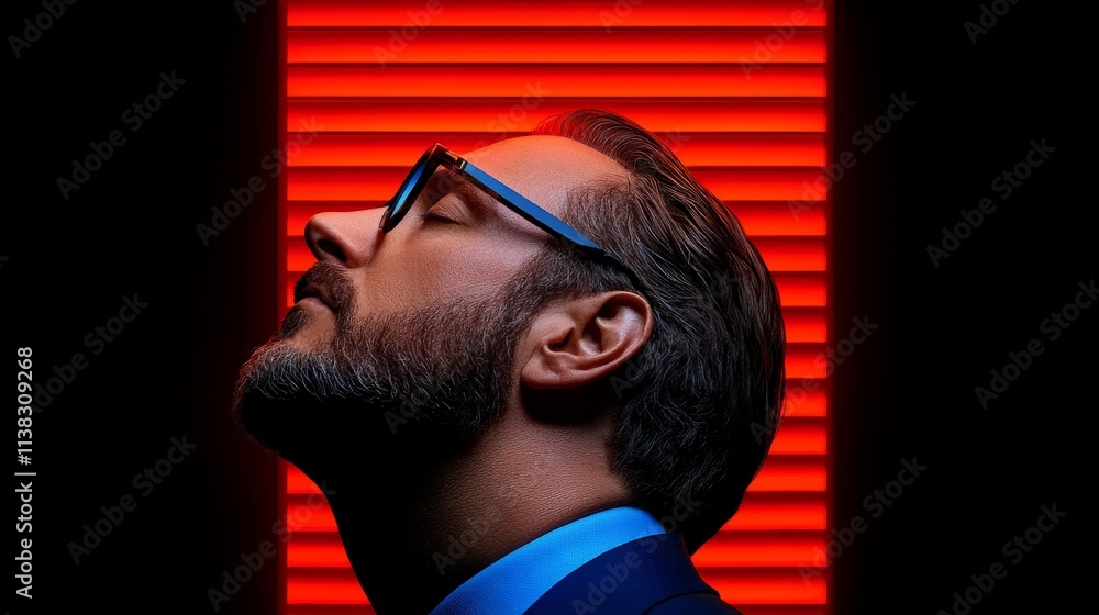 Poster man in suit with red light behind him: a man in a suit, wearing glasses, looks upwards with a though