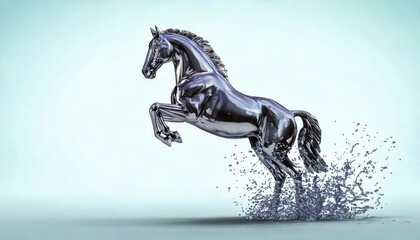 Fototapeta premium Dynamic water splashing metallic horse studio setting 3d render creative design artistic expression