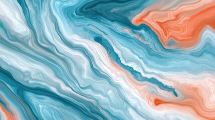Swirling patterns of blue and orange merge in an abstract oil and water formation, creating depth.