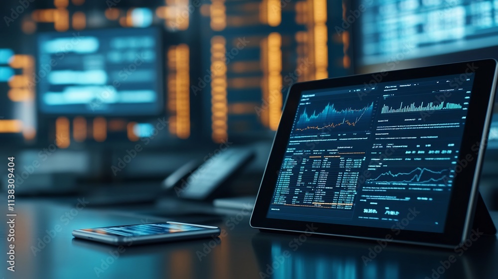 Poster digital workspace with financial data visualization on tablet and smartphone,representing modern