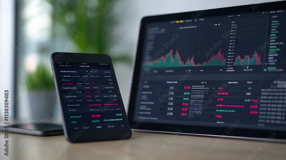 Aufkleber digitalized financial data analytics workspace with tablet and smartphone