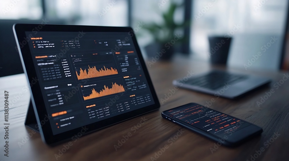 Aufkleber workspace with digital tablet and smartphone displaying financial data