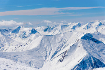 Landscape of snowy mountains, mountain range haze winter