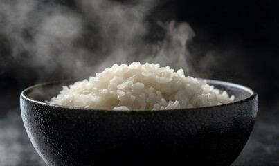 the texture of the cooked rice and the steam escaping from the bowl