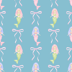 mermaid, bow. Watercolor seamless pattern in pastel colors for textile and wrapping paper. Cute underwater world illustration for kids