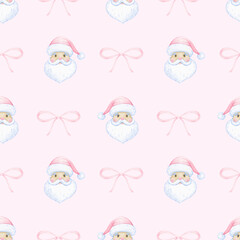 Fototapeta premium Santa Claus, bow. Watercolor seamless pattern in pastel colors. Cute cartoon illustration for textile and paper for Christmas