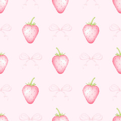 Strawberries and bows. Watercolor seamless pattern in pastel colors for textiles and wrapping paper. Cute children's illustration
