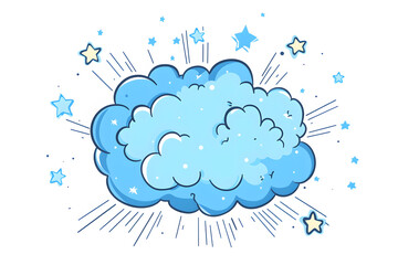 A whimsical illustration of a light blue cloud bursting with stars, evoking a sense of wonder and magic.