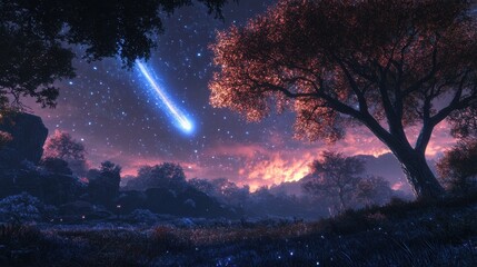 Fototapeta premium Serene Twilight Landscape of an Alien Forest with Stars and Shooting Comet Illuminating the Night Sky