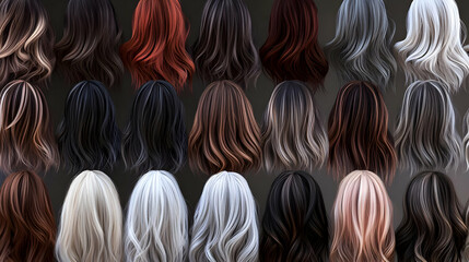 Fototapeta premium Diverse collection of hair wig styles, perfect for showcasing in presentations on a neutral background.