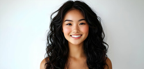 Portrait of a young Asian woman with long, curly dark hair, smiling brightly on a white backdrop.