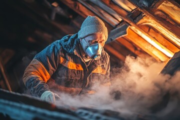 Fototapeta premium Worker in Protective Gear Engaged in Industrial Task Amidst Steam and Warm Lighting, Capturing the Essence of Hard Work and Safety in Challenging Environments