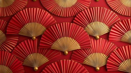 Red and gold fan pattern background. Festival or wedding traditional asian decoration. Lunar New Year chinese banner template