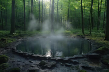 Obraz premium Misty pond in a sunlit forest.