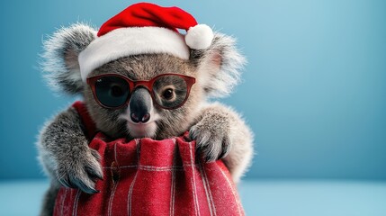 Cute koala wearing Christmas hat and glasses peeking out from red sack in a cheerful winter holiday setting