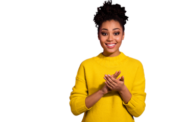 Portrait of positive cheerful lady enjoy applause isolated over purple violet background