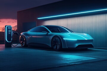 Sleek Electric Car Charging at a Modern Station with Blue Lighting at Dusk in an Urban Environment