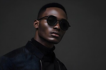 Fototapeta premium black man portrait with sunglasses and fashion model look on dark background, showcasing a stylish and serious modern appearance