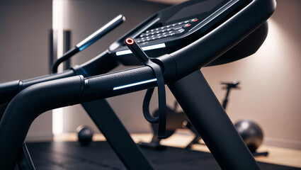 "A close-up view of a sleek treadmill handle with integrated speed controls, featuring glossy black buttons and LED indicators glowing faintly. The textured grip of the handle is illuminated by soft a