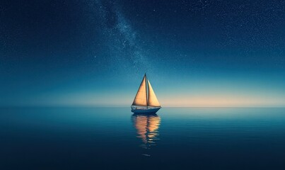 Glowing sailboat floating alone under a starry night sky above a serene ocean reflecting adventure and solitude