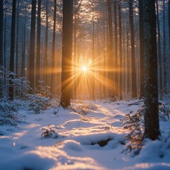 Naklejka premium Winter forest with sunlight piercing through frosted trees