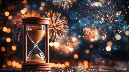 Close Up of a Wooden Hourglass Filled with Golden Sand Against a Sparkling Fireworks Background at Night