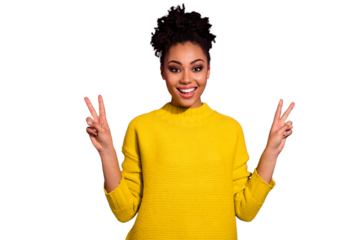 Portrait of charming millennial make v-signs have fun isolated over violet background