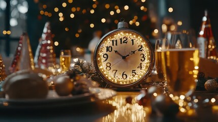 Close-Up Shot of Beautifully Decorated Table with Clock and Drinks for New Year's Countdown Celebration