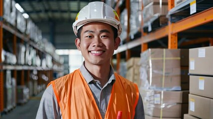 Smiling Warehouse Worker: Portrait of a happy Asian male warehouse worker in safety gear, smiling confidently in a busy warehouse setting.   - Powered by Adobe