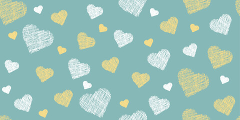 Colorful seamless pattern: white, yellow hearts. Pencil hand drawn vector illustration on blue background for cards, banners, wallpaper, textile, wrapping. Valentines Day. Editable stroke	