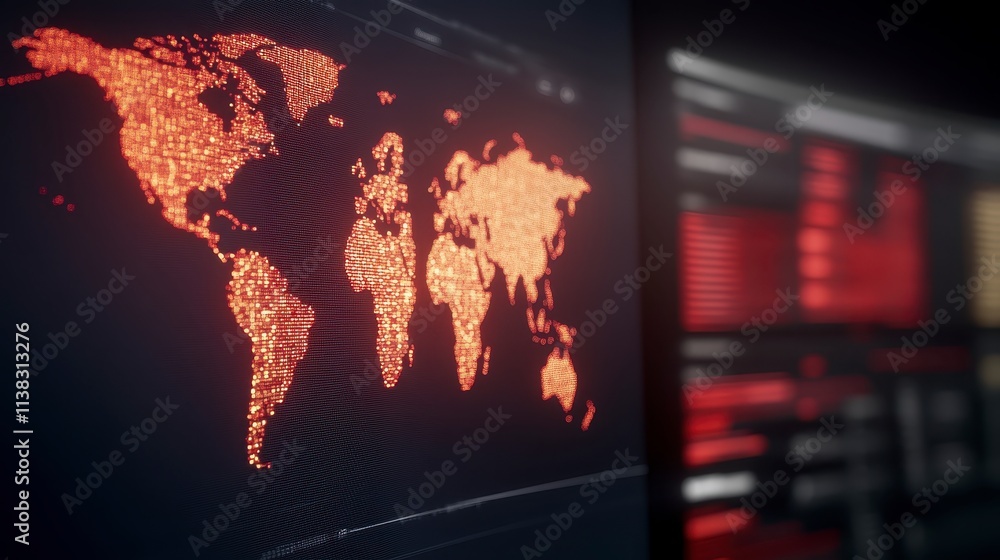 Poster global network digital world map orange glowing dots data visualization technology background