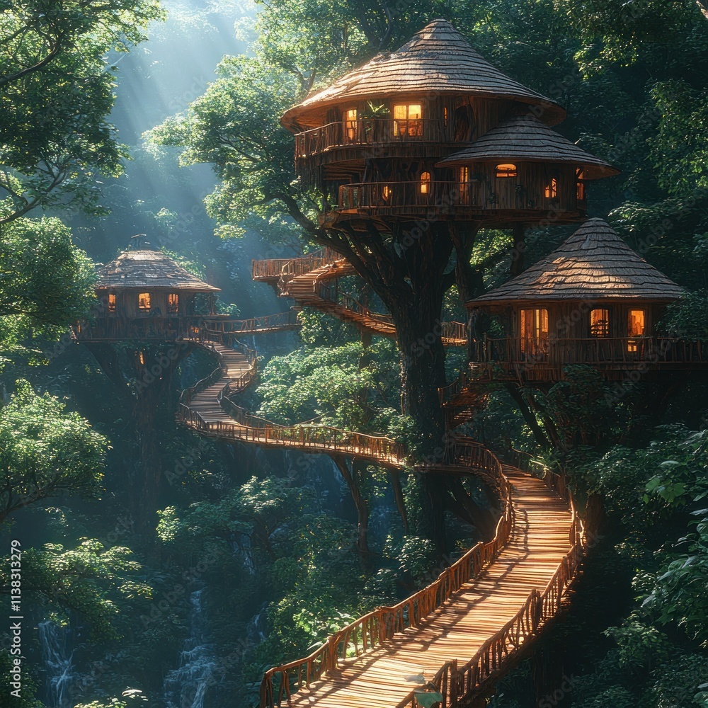 Poster enchanted treehouses nestled in a lush forest with illuminated pathways.