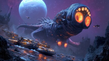 A massive alien monster with glowing tentacles floating near a space station above a distant planet © FairValue Stock