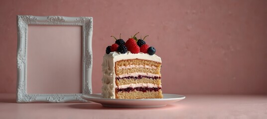  Slice of a triple layer cake with white frosting over a pink background with blank frame mockup