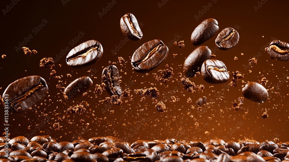 Poster close-up of floating coffee beans with ground coffee, creating a dynamic and rich coffee-themed imag
