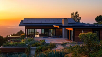 Modern Eco-Friendly Home with Solar Panels at Sunset