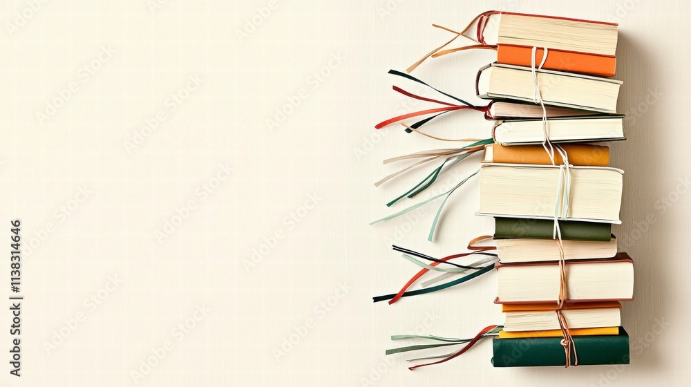 Poster stack of books with colorful bookmarks