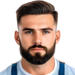 Obraz premium Handsome young man with stylish beard and haircut, wearing blue striped shirt, looking confidently at the camera with a serious expression, isolated on white background