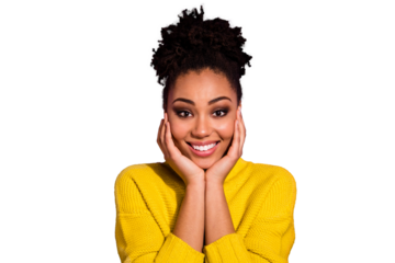 Close up photo of charming nice lady touch hands palms chin autumn isolated over purple background