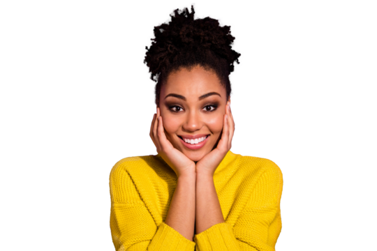 Close up photo of charming nice lady touch hands palms chin autumn isolated over purple background