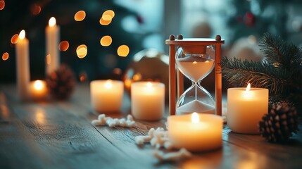 Artistic Representation of an Hourglass Surrounded by Warm Candles and Winter Decor in a Cozy Setting