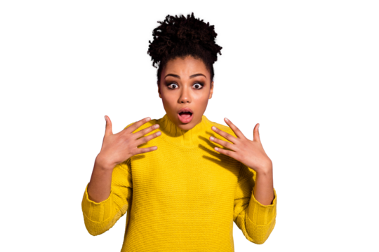 Portrait of frustrated astonished person wear trendy pullover sweater isolated over purple violet background