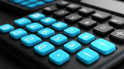 Calculator vector set. Office calculator in black and blue colors with top view 3D realistic look for design elements. Vector illustration.
