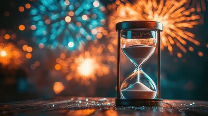 An hourglass resting on a table with sand trickling down surrounded by vibrant fireworks in the background