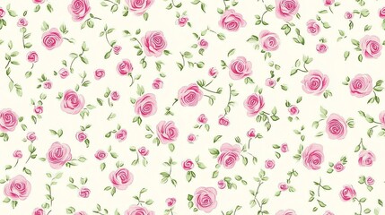 Cute pink and white seamless pattern with small pink rose petals, creating a charming retro atmosphere. Very suitable for baby room decoration and children's fashion accessories