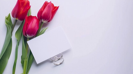 Fototapeta premium A top view of fresh tulips with a blank card and an elegant diamond ring, perfect for an engagement proposal or romantic celebration, capturing the essence of love and luxury.