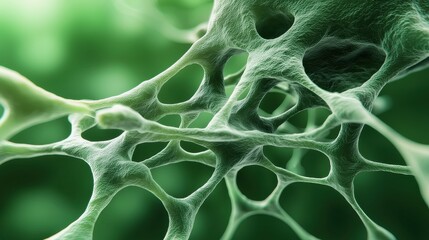 An intricate network of green cellular structures, resembling biological tissue, showcasing a detailed close-up of natural forms and textures.