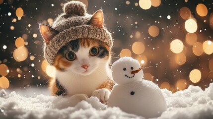 Charming Calico Cat with Winter Accessory Next to Snowman Amidst Snowy Background and Glowing Bokeh Lights