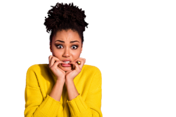 Portrait of terrified beautiful youth nails bite hear horrible news wear stylish trendy pullover jumper isolated over purple violet background